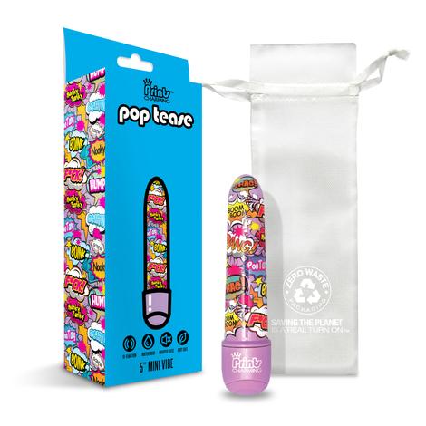 a purple vibrator with a multi colored cartoon pattern along the shaft, shown next to its white storage bag and blue display box