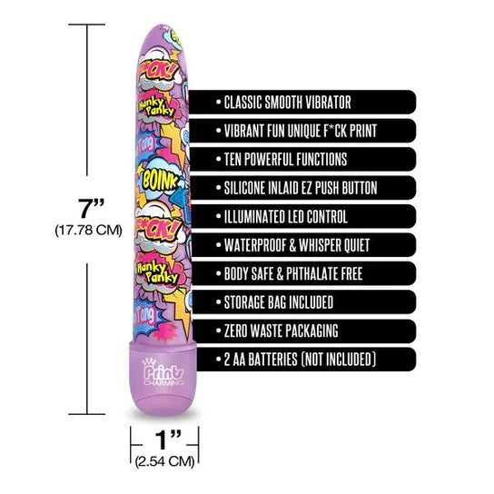 a purple vibrator with a multi colored cartoon pattern along the shaft shown next to its dimensions 7in by 1in and a list of its key features
