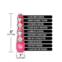 a pink vibrator with a multi colored cartoon pattern along the shaft shown next to its dimensions 5in by 1in and a list of its key features