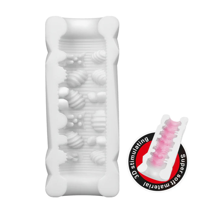 White textured masturbator with pink and black label on a white background