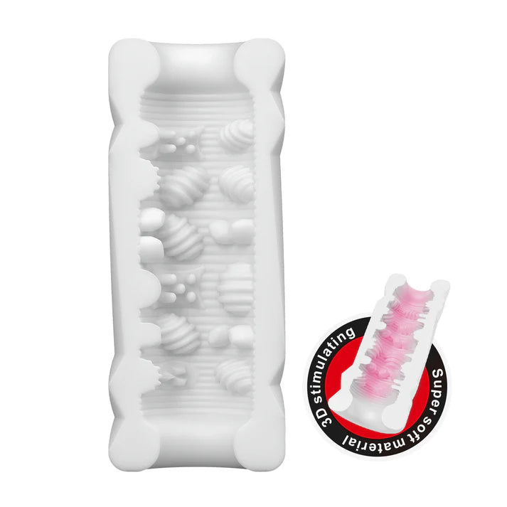 White textured masturbator with pink and black label on a white background