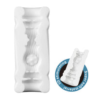 White silicone mold masturbator with 'Super Soft Material' label on a white background
