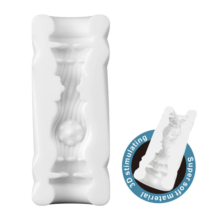 White silicone mold masturbator with 'Super Soft Material' label on a white background