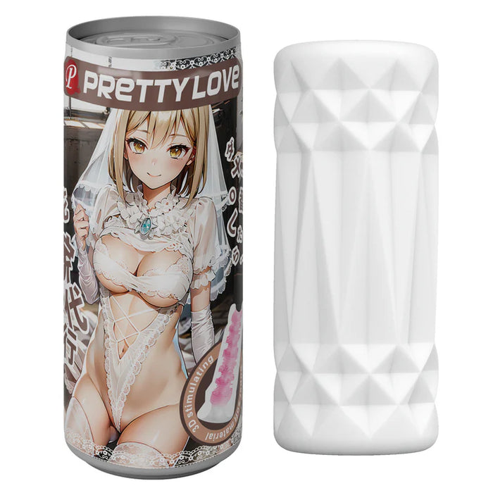 Product packaging with an illustration of a person in a bridal gown and a white geometric-patterned masturbator beside.