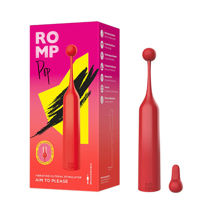 a pink vibrator with a slim shaft and round tip next to a tip sleep with a flat tip, shown next to its pink display box