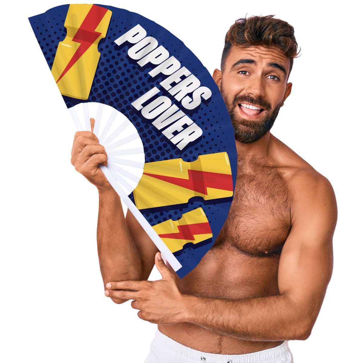 a man holding a large fan that says poppers lover