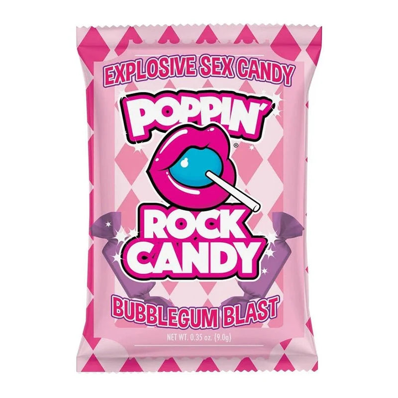 A pink candy bag labeled 'EXPLOSIVE SEX CANDY Poppin' Rock Candy Bubblegum Blast' with a lollipop graphic and pink diamond pattern on a white background.