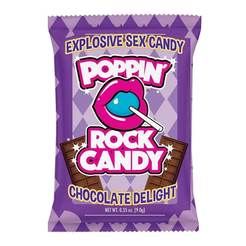 A purple candy wrapper for 'Poppin' Rock Candy Chocolate Delight' featuring a pink lips graphic with a blue lollipop and chocolate bar graphics on a white background.
