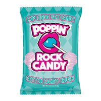 A single bag of Poppin' Rock Candy cotton candy crush in a bright turquoise package with bold pink and white lettering and a lips graphic on a white background.