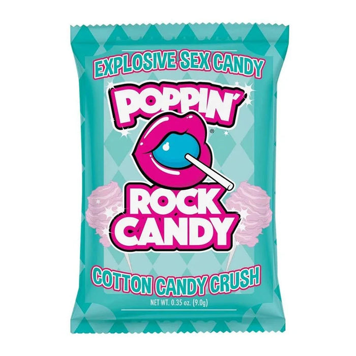 A single bag of Poppin' Rock Candy cotton candy crush in a bright turquoise package with bold pink and white lettering and a lips graphic on a white background.