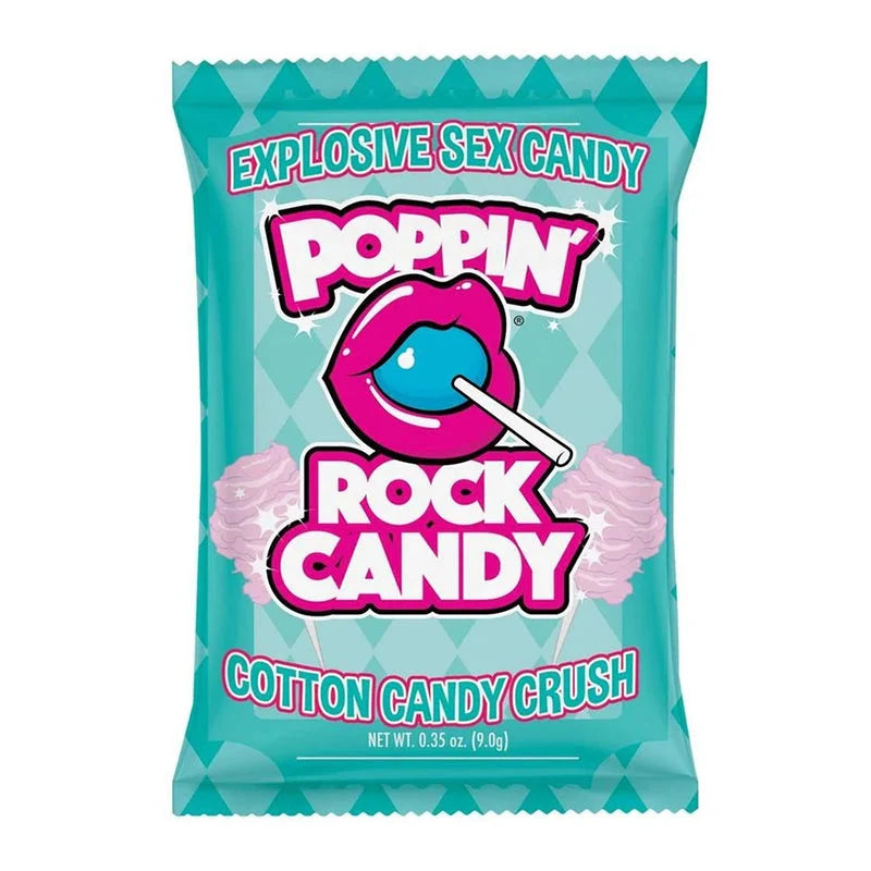A single bag of Poppin' Rock Candy cotton candy crush in a bright turquoise package with bold pink and white lettering and a lips graphic on a white background.