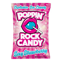 A bag of Poppin' Rock Candy 'Explosive Sex Candy' in Strawberry flavor, featuring a bright pink and purple design with a graphic of lips holding a blue lollipop.