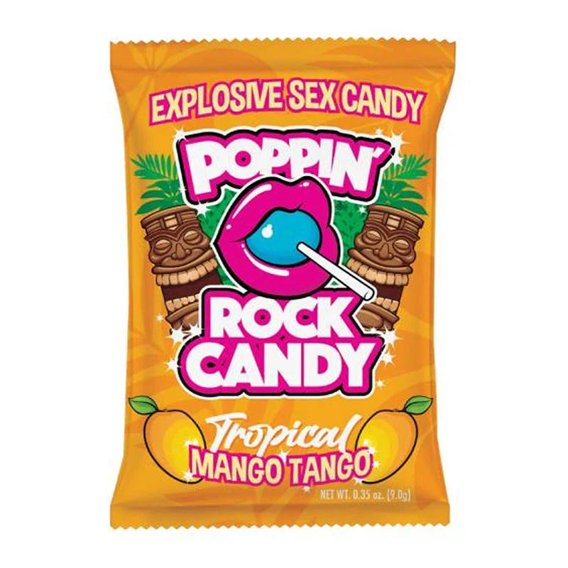 A bag of Poppin' Rock Candy Tropical Mango Tango candy, featuring a bright orange wrapper with bold pink and white lettering and tropical graphics.