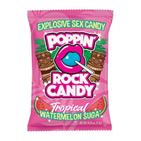 A pink bag of Poppin' Rock Candy Tropical Watermelon Sugars candy, featuring a cartoon lollipop with blue candy and tiki masks on the front.