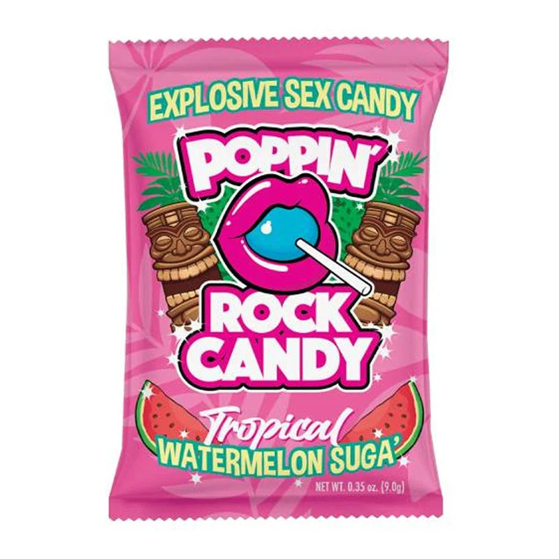 A pink bag of Poppin' Rock Candy Tropical Watermelon Sugars candy, featuring a cartoon lollipop with blue candy and tiki masks on the front.