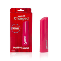 a sleek pink angle tipped vibrator shown next to its red display box