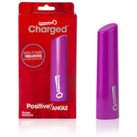a sleek purple angle tipped vibrator shown next to its red display box