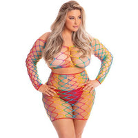 Woman wearing a colorful fishnet outfit on a white background