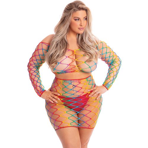 Woman wearing a colorful fishnet outfit on a white background