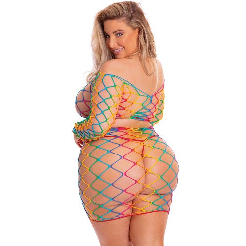 Woman wearing a colorful fishnet outfit on a white background