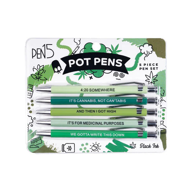 Pack of five green pens with humorous text on a white background