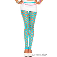 Turquoise tights worn by a person on a white background