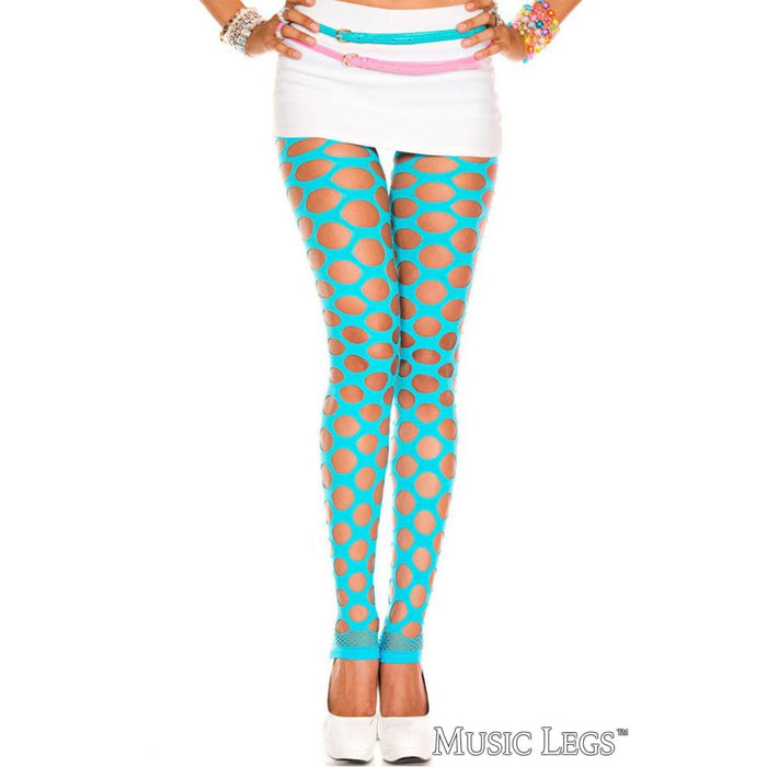 Turquoise tights worn by a person on a white background