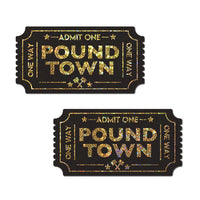 admission ticket with the word pound town in gold, pasties