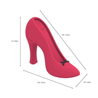 A single bright pink high-heeled shoe shown on a white background with measurement lines and text indicating its length, heel height, and toe width.