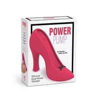 The retail packaging box for the Power Pump Silicone Dual Motor Vibrator, featuring a graphic of a bright pink high-heeled shoe with a small black bow on a white background.
