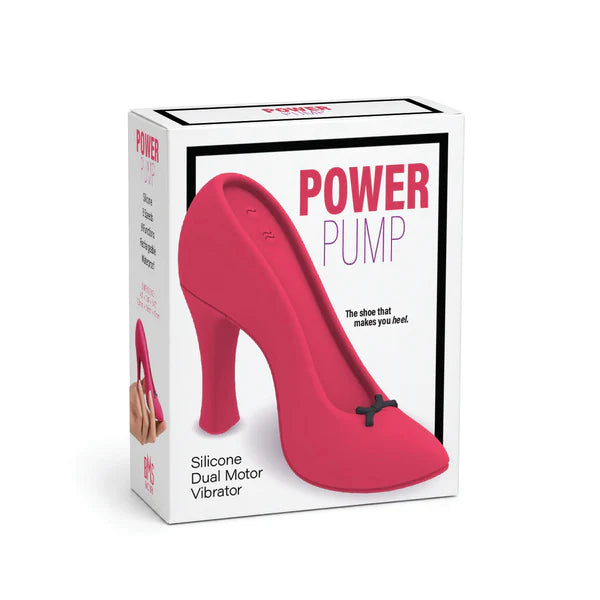 The retail packaging box for the Power Pump Silicone Dual Motor Vibrator, featuring a graphic of a bright pink high-heeled shoe with a small black bow on a white background.