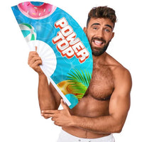 Man holding a colorful fan with 'Power Top' branding against a white background