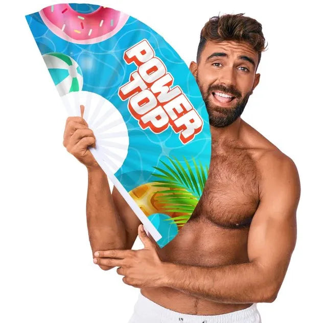 Man holding a colorful fan with 'Power Top' branding against a white background