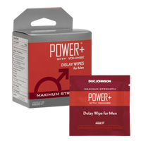 orange and red package of power+ delay wipes for men next to orange and silver box