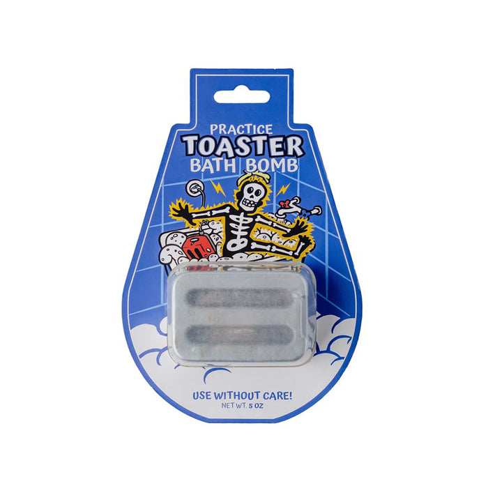 Practice Toaster Bath Bomb packaging with skeleton design on blue background