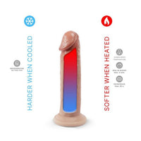premium real skin model 2 dildo with gradient color and text indicating temperature effects on a white background