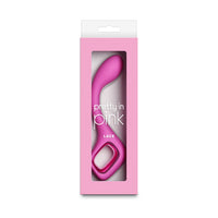 Pink lace g-spot vibrator in a 'pretty in pink' branded box on a white background