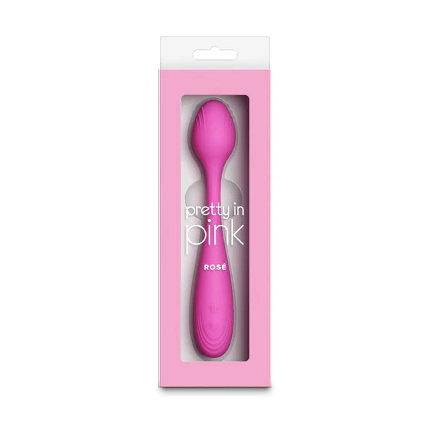 Pink rose vibrator in a 'pretty in pink' branded box on a white background