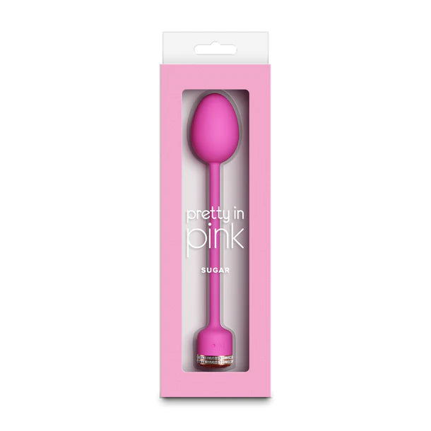 Pink sugar vibrating egg in a pink packaging with 'pretty in pink' text on a white background
