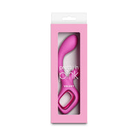 Pink vibrator in a 'pretty in pink' branded box on a white background