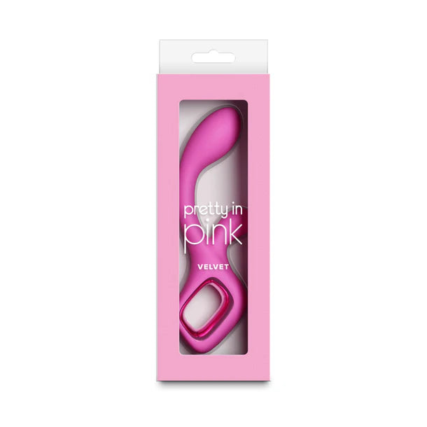 Pink vibrator in a 'pretty in pink' branded box on a white background
