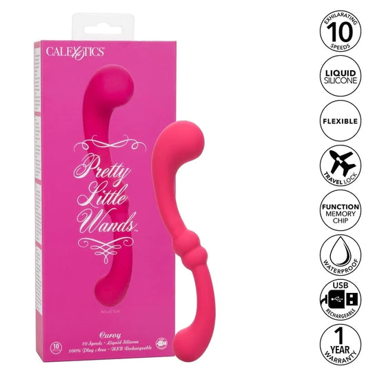 pink s-shaped duel ended vibrator with different sized tips shown next to its pink display box