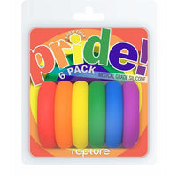 pride clear package with a 6 pack of silicone rainbow colored cock rings