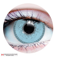 Close-up of a blue eye with visible iris patterns on a white background