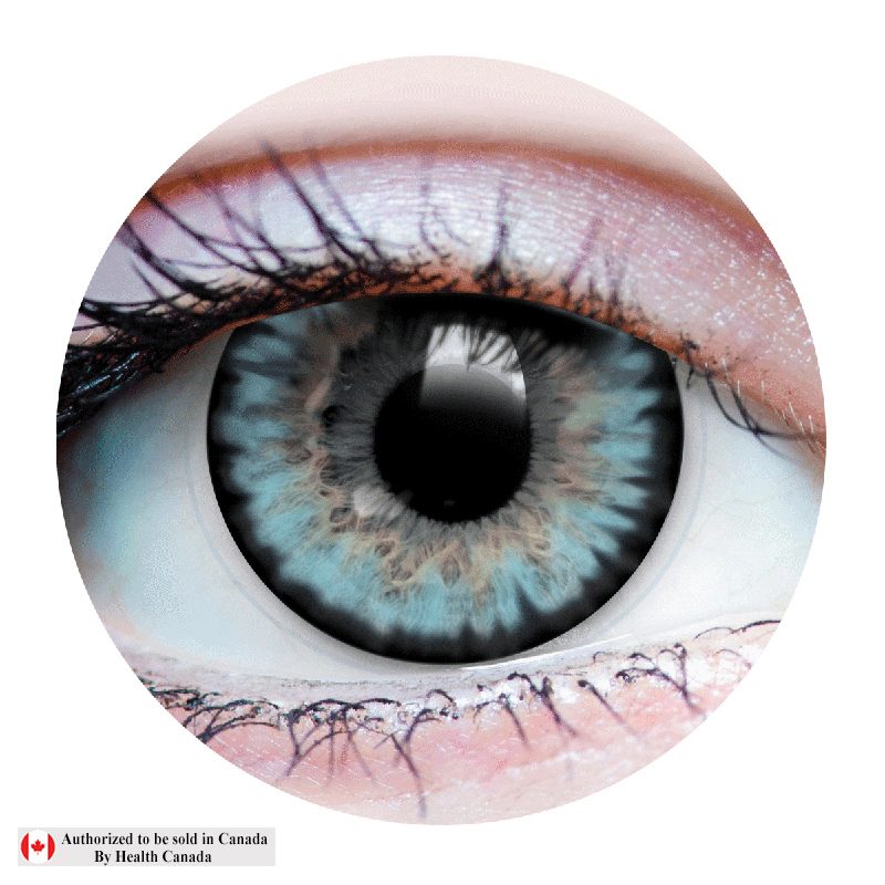 Close-up of a detailed eye with blue and brown iris on a white background