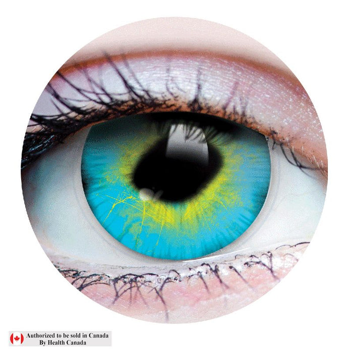 Close-up of a colorful eye with blue and green hues on a white background