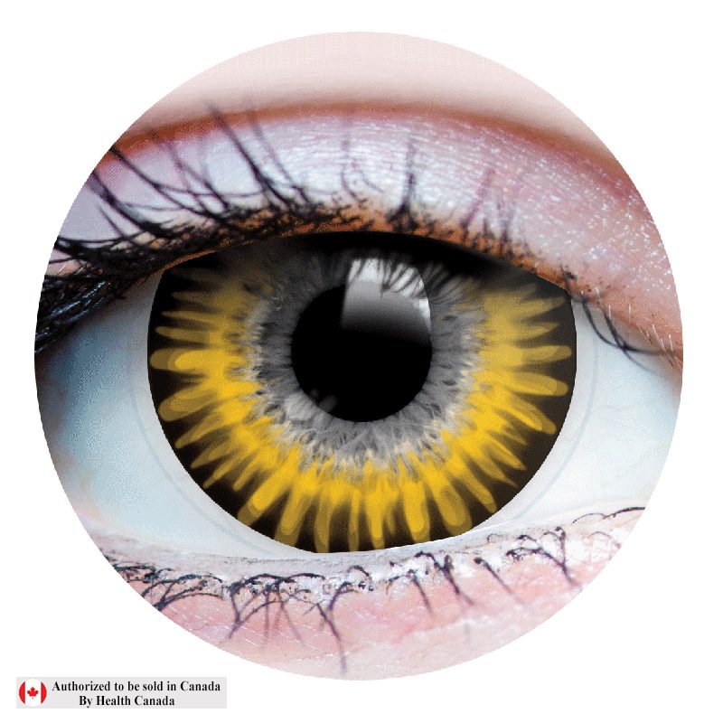 Close-up of a colored contact lens with yellow and gray gradient