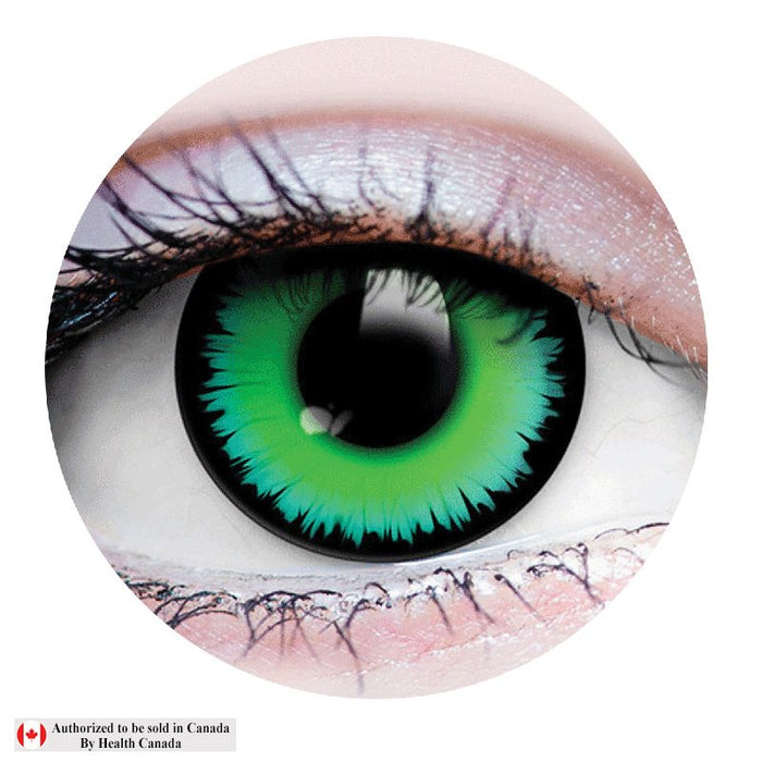 Close-up of a green eye with a visible Health Canada logo