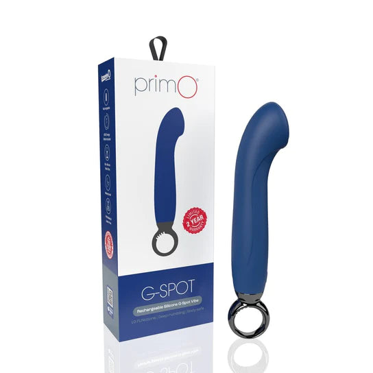 navy g spot vibrator with a metallic pull ring at the base, shown next to its white display box