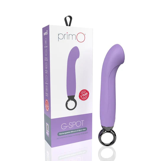 purple g spot vibrator with a metallic pull ring at the base, shown next to its white display box